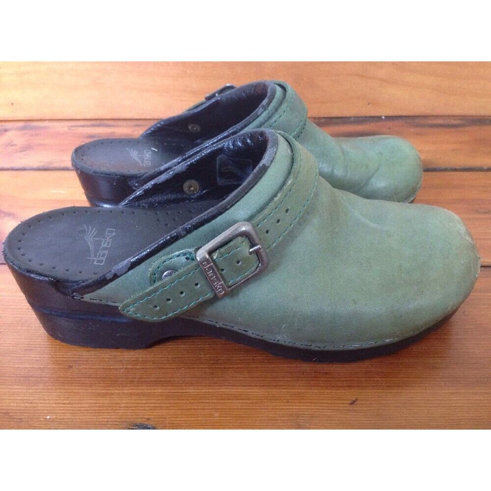 Dansko Green Nubuck Leather Womens Slip On Shoes Buckle Mules Clogs 7.5 38